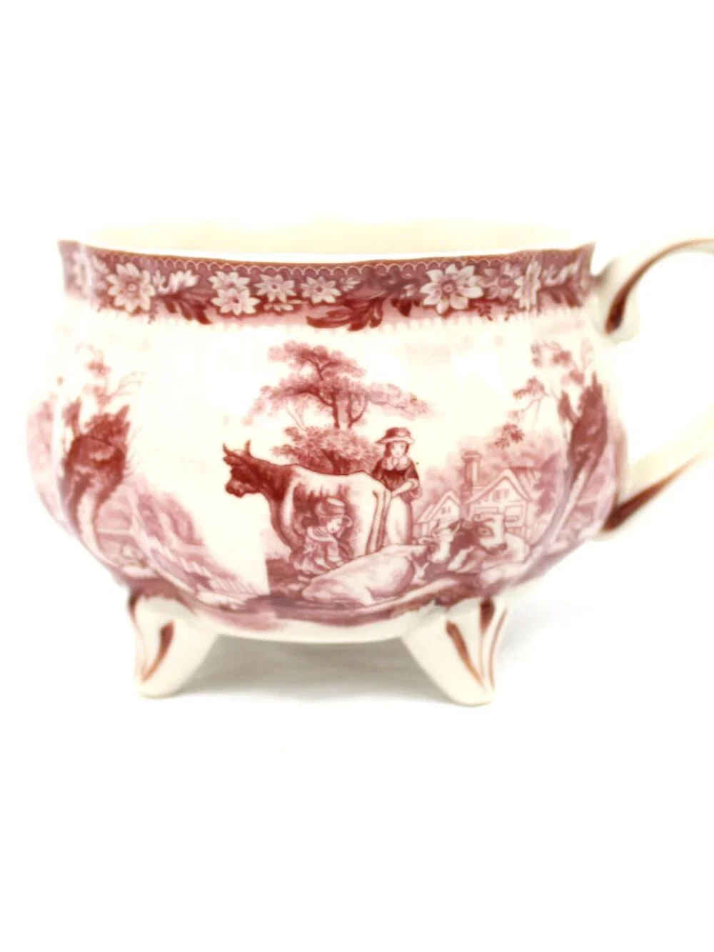 PORCELAIN RED TRANSFERWARE ANTIQUE REPRODUCTION STACKED TEA POT\DOUBLE STACK CUP